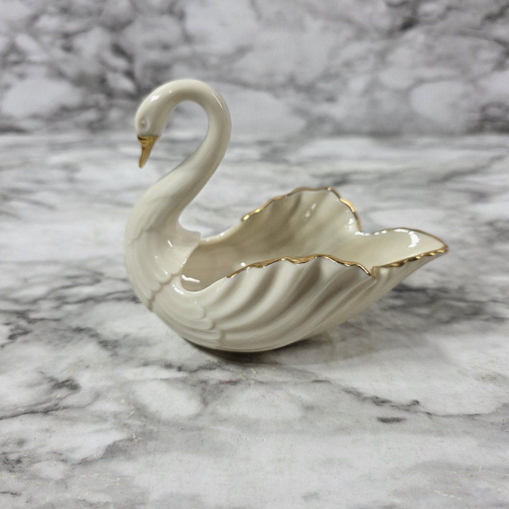 Vintage Lenox Porcelain Swan Trinket Dish Ivory Finish With 24K Gold Trim